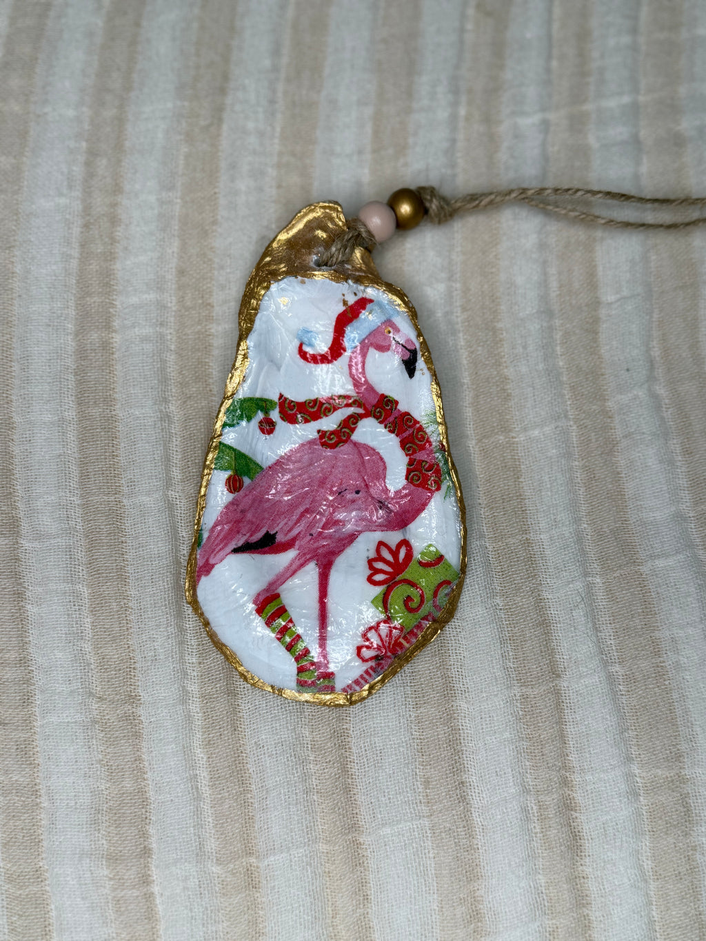 Large (4"+) Oyster Shell Ornament (Flamingo Scarf Gold Back)