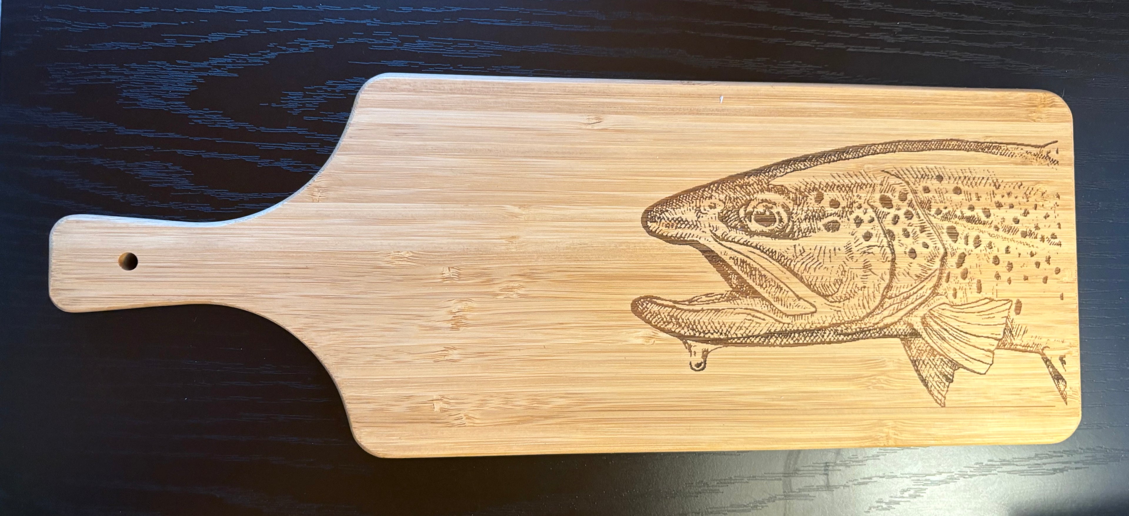 Bamboo Cutting board with brown trout engraving