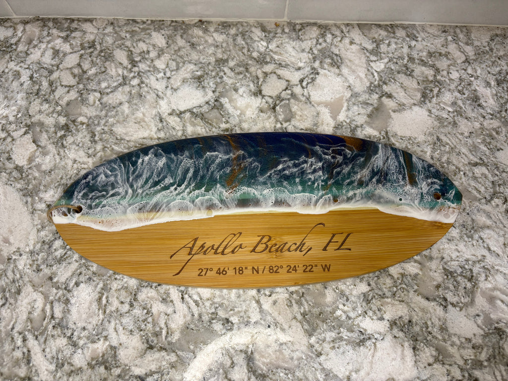 Surfboard-Shaped Bamboo & Epoxy Cutting Board Engraved “Apollo Beach, FL” 15" L × 6" W × 1/2" H