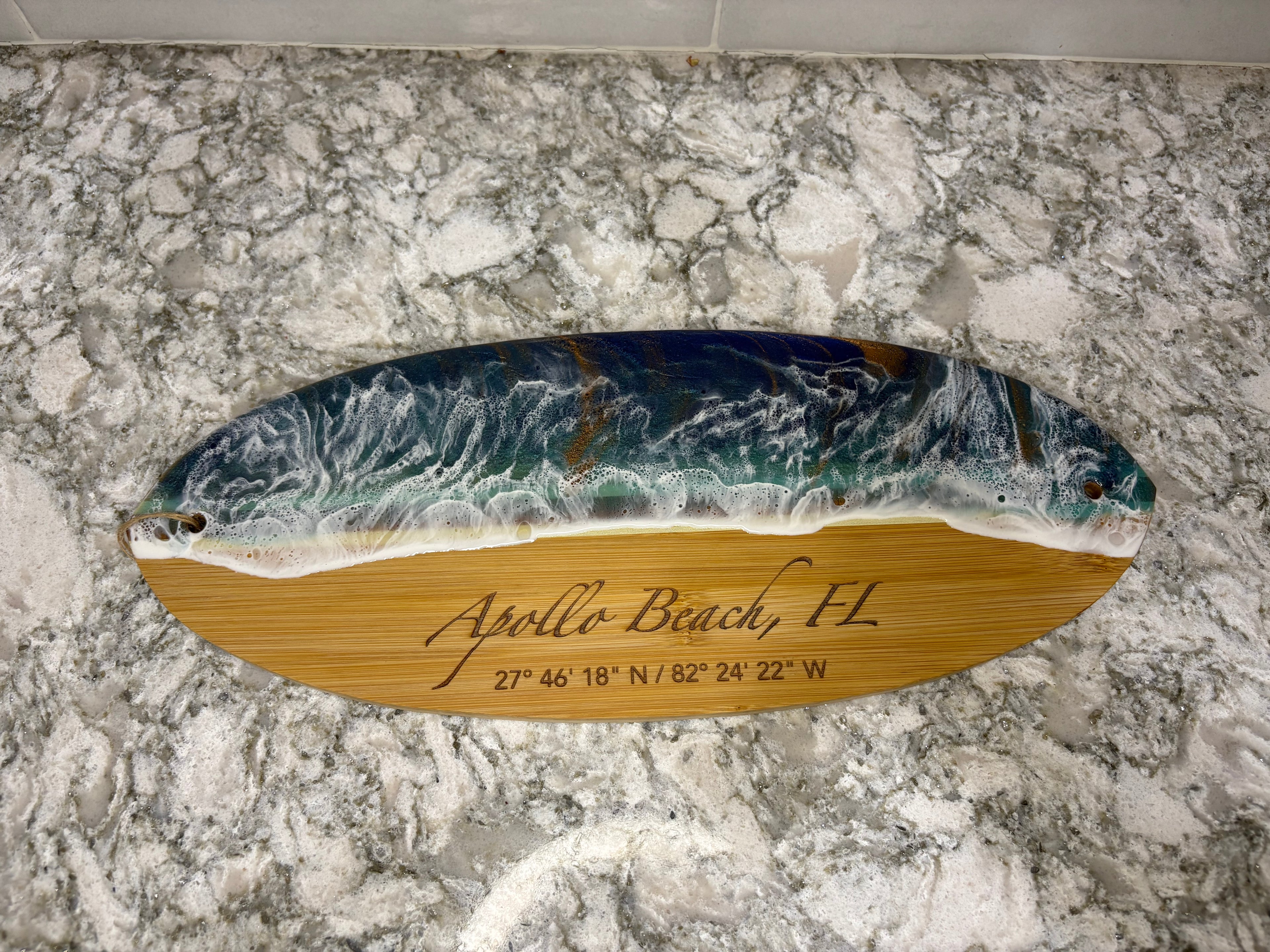 Surfboard-Shaped Bamboo & Epoxy Cutting Board Engraved “Apollo Beach, FL” 15" L × 6" W × 1/2" H