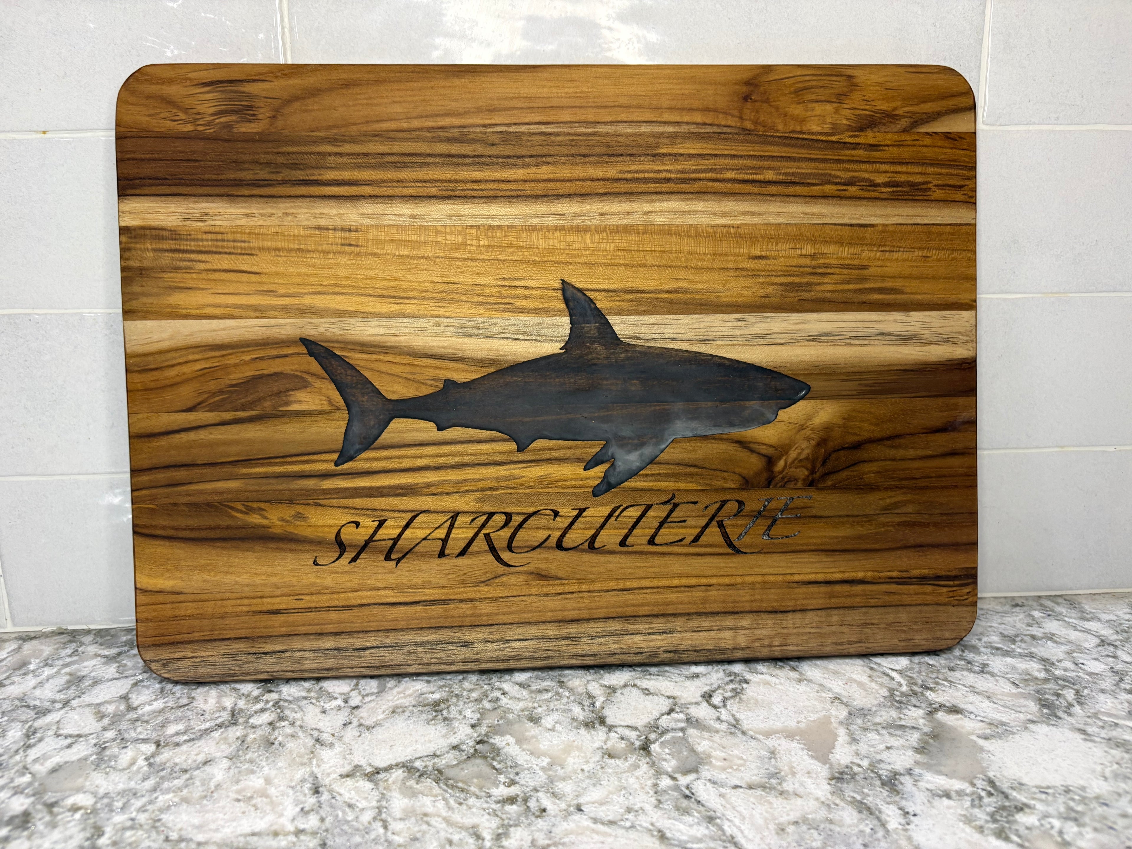 Acacia Wood “Sharkuterie” Engraved Cutting Board with Epoxy Inlay