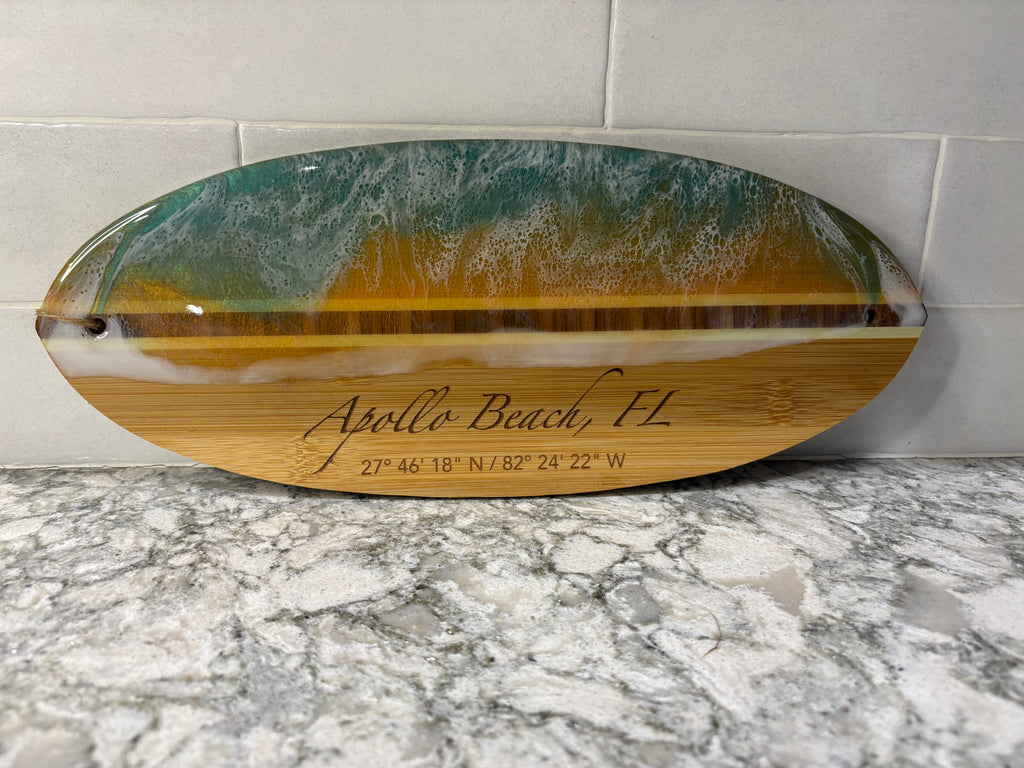 Surfboard-Shaped Bamboo & Epoxy Cutting Board Engraved “Apollo Beach, FL” 15" L × 6" W × 1/2" H