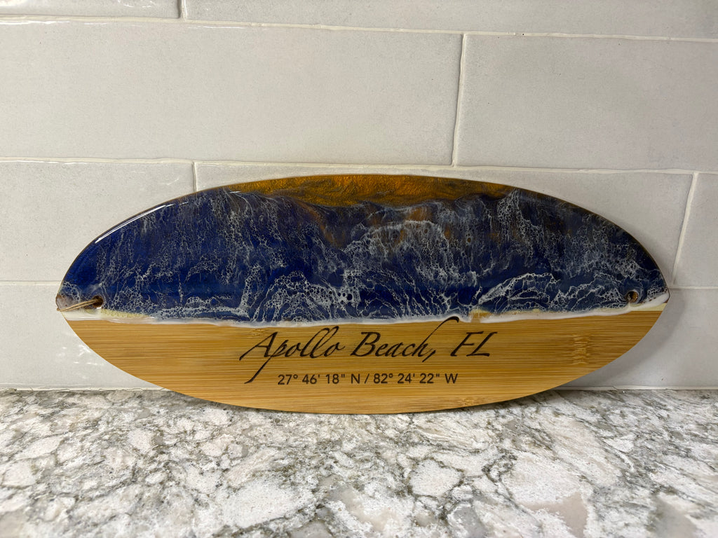 Surfboard-Shaped Bamboo & Epoxy Cutting Board Engraved “Apollo Beach, FL” 15" L × 6" W × 1/2" H