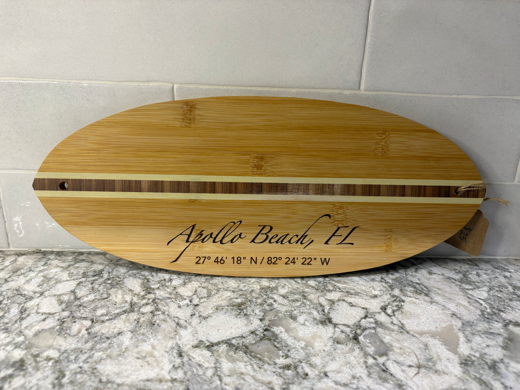 Surfboard-Shaped Bamboo & Epoxy Cutting Board Engraved “Apollo Beach, FL” 15" L × 6" W × 1/2" H