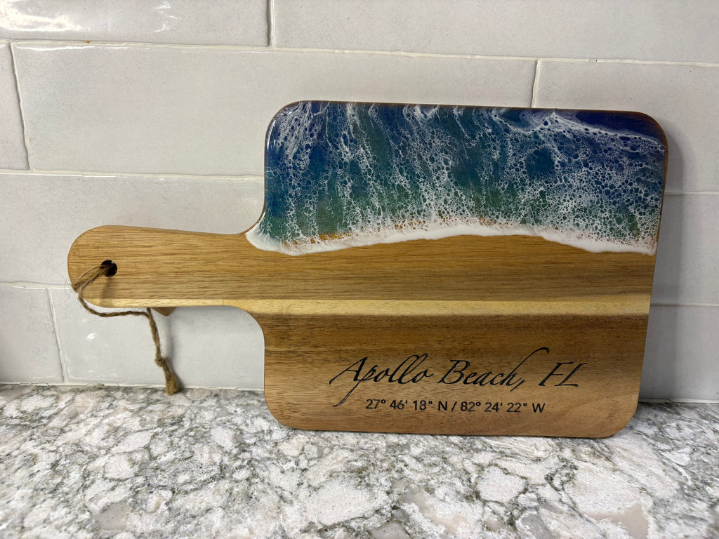 Acacia Wood & Epoxy Cheese Board with Engraved Location