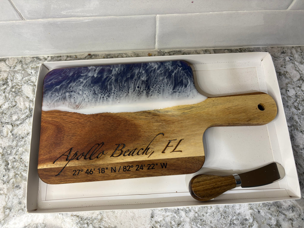 Acacia Wood & Epoxy Cheese Board Set with Engraved Location & Cheese Knife