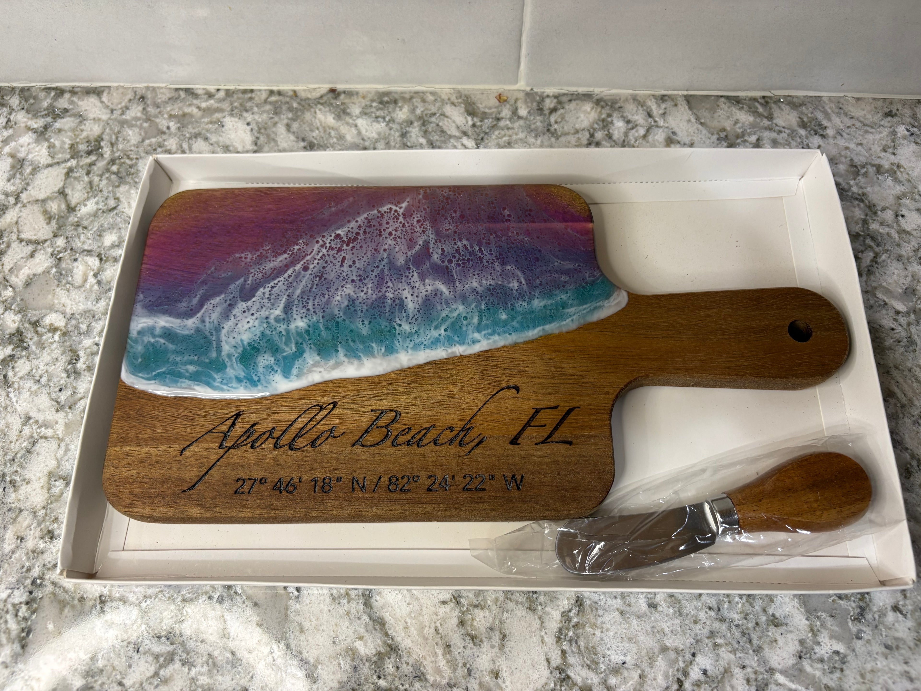 Acacia Wood & Epoxy Cheese Board Set with Engraved Location & Cheese Knife