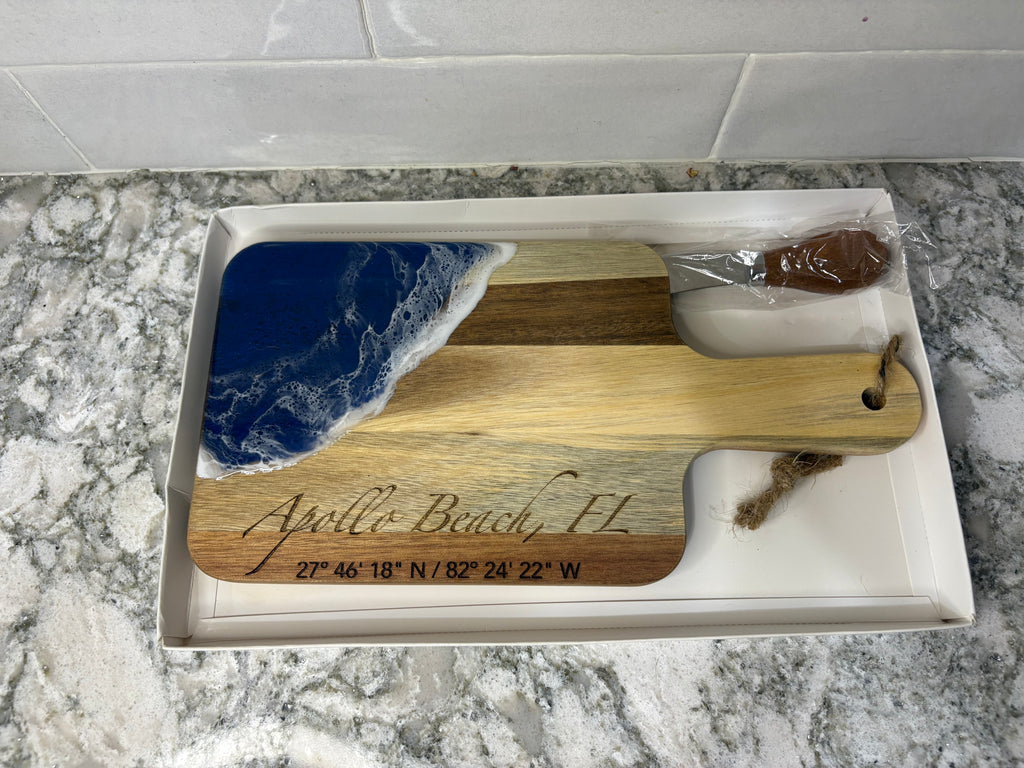 Acacia Wood & Epoxy Cheese Board Set with Engraved Location & Cheese Knife