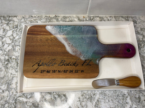 Acacia Wood & Epoxy Cheese Board Set with Engraved Location & Cheese Knife